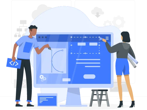 Collaboration on a computer screen for graphics with a blue background by two individuals